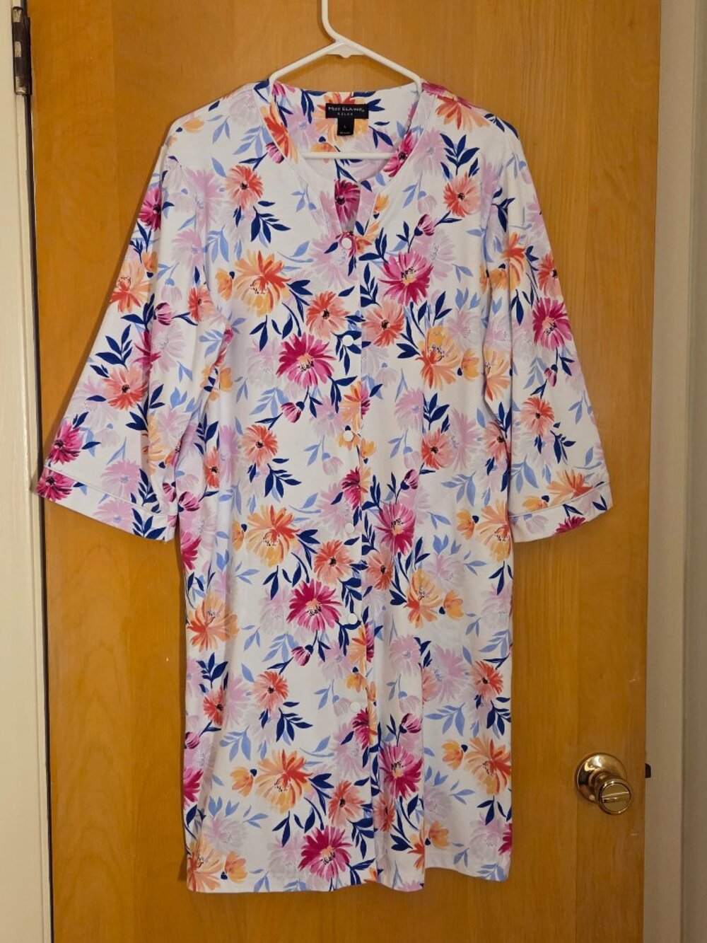 Miss Elaine Relax Flannel Robe Womens L Pink Yellow Floral Snap Close House Coat